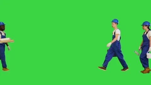 Group Of Construction Workers Meet And Smile To Camera on a Green Screen, Chroma Stock Footage 157062070