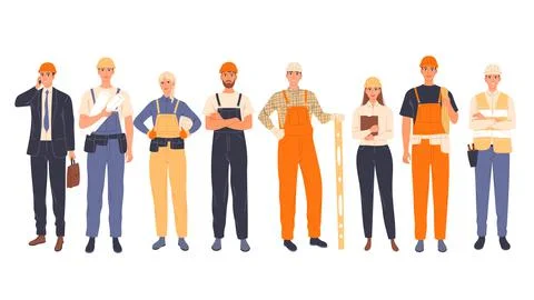 Group of construction workers in uniform, men and women of different specialties Stock Illustration