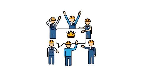 Group of construction workers wearing hard hats celebrating with gold crown.. Illustrazione stock