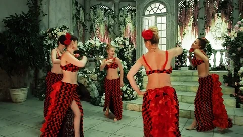Group Contemporary dance in red dresses in the studio room Stock-Footage 86290997