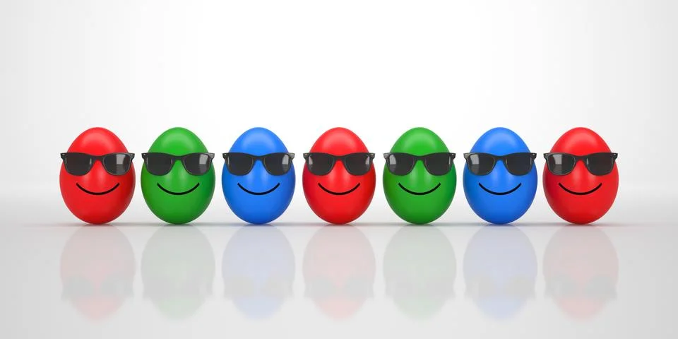 Group of cool easter eggs with black sunglasses smiling Stock Illustration