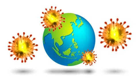 Group of Coronaviruses 3d realistic vector with world in white background. co Stock Illustration