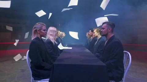 Group corporate people sitting table papers fling slowmotion. Bankruptcy company Stock Footage 150982208