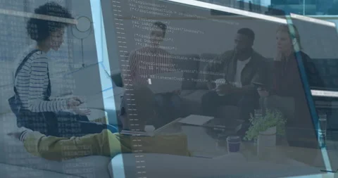 Group of coworkers discussing coding project in office lounge, showing animated Stock Footage 309144216