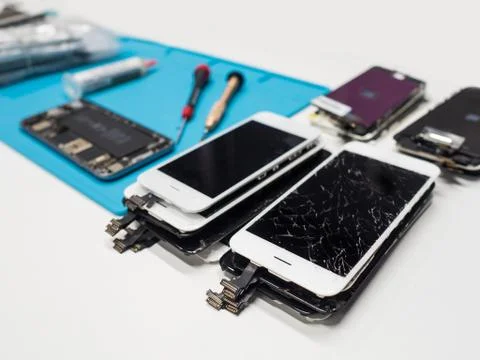 Group of cracked smartphone screen Stock Photos