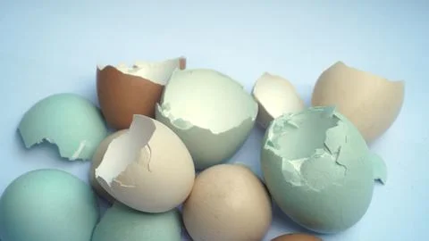 Group of Cracking Colorful Eggshells in Pastel Blue and Brown on White Back.. Stockfoto's
