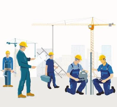 A group of craftsmen on the construction site while building Stock Illustration