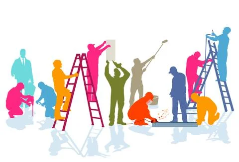 A group of craftsmen working on the construction site Stock Illustration
