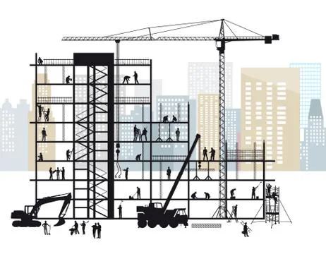 A group of craftsmen working on the construction site Stock Illustration