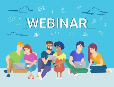 Group of creative people using laptop and tablet pc sitting on the floor and Illustrazione stock