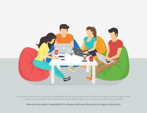 Group of creative people using laptop sitting in the room Stock Illustration