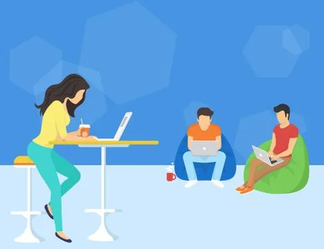 Group of creative people using smartphone, laptop and tablet pc sitting on the Illustrazione stock