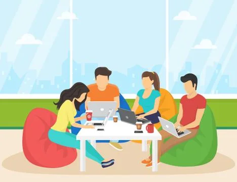 Group of creative people using smartphone, laptop sitting in the room and Stock Illustration