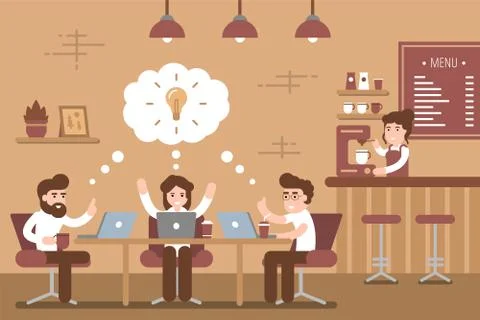 Group of creative young people working together in cafe vector illustration Stock Illustration