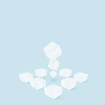 Group of cubes on flat surface with flying objects. Stock Illustration