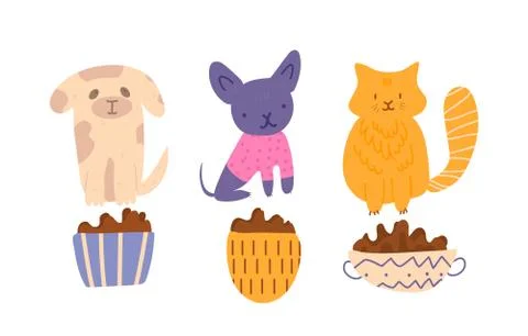 Group of cute, adorable and hungry dogs and cats are sitting near the plates Stock Illustration