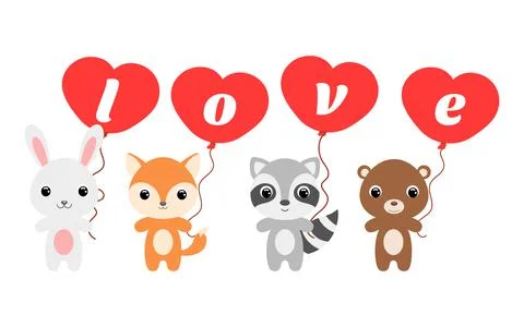 Group of cute animals. Cartoon rabbit, fox, bear, raccoon stand and hold ball Stock Illustration
