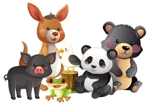 Group of Cute Cartoon Animals Sitting Together Stock Illustration