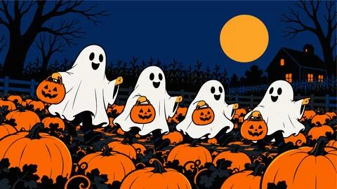 Group of cute ghosts holding orange pumpkins for trick or treat in night ha.. Иллюстрация