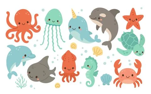 Group of cute ocean animals including dolphin, squid, crab, and narwhal Stock Illustration