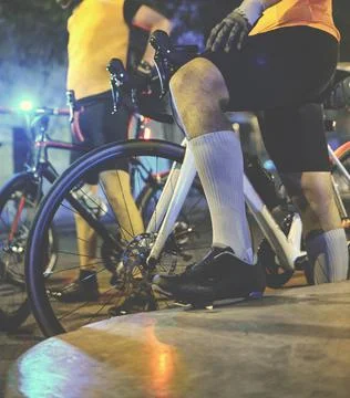 Group of cyclists preparing to start training, meeting of cyclist friends Stock-Fotos