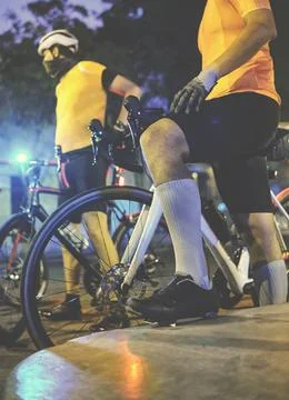 Group of cyclists preparing to start training, meeting of cyclist friends Stock-Fotos