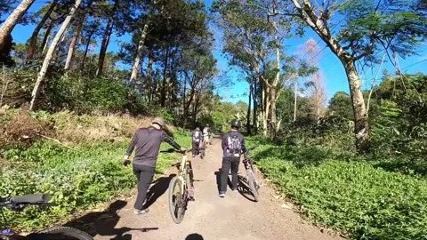 Group of Cyclists Pushing Mountain Bikes Uphill on Sunny Dirt Path 库存影片 348709739