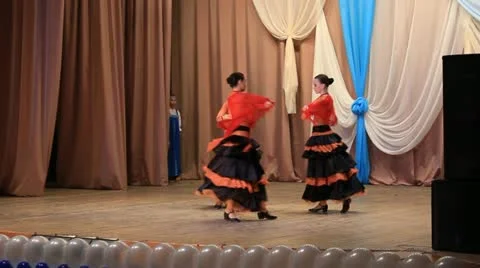 Group of dancers performs Spanish dance on stage Stock Footage 21758744
