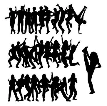 Group dancing, dancing people silhouette, man dancer jumping, jazz funk style Stock Illustration