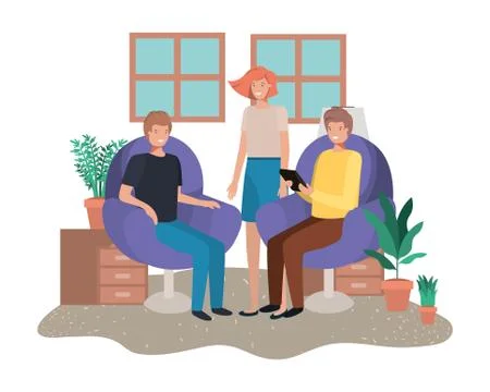 Group de people using tablet in the living room Illustrazione stock