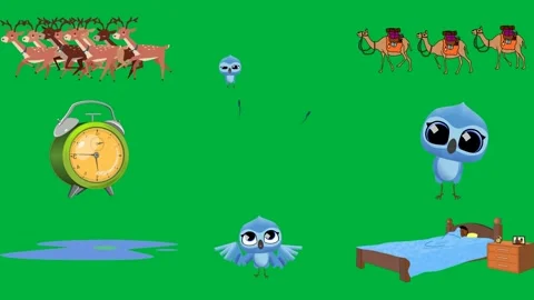 Group deers green background screen white camels alarm clock golf player. Stock Footage 310562935