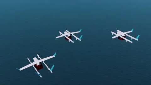 Group delivery of goods by several drones.  background of the sea. 3D render Stock Footage 288184139