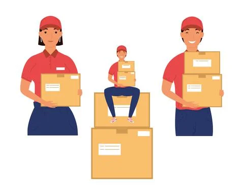 Group of delivery workers with boxes characters Stockillustratie