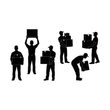 Group of delivery workers carrying and handling various parcels and boxes i.. Stock Illustration