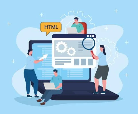 Group of developers software with laptop characters Stock Illustration