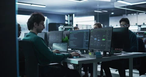 Group of Developers Working in Technology Center Stock Footage 233876620