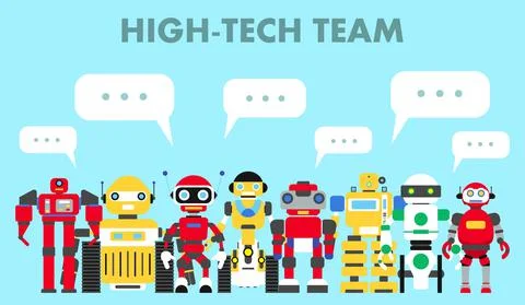 Group of different abstract robots standing together and speech bubble Illustrazione stock