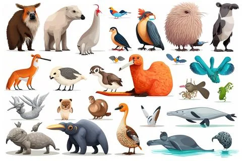 A group of different animals standing and sitting together on a white backg.. Stock Illustration