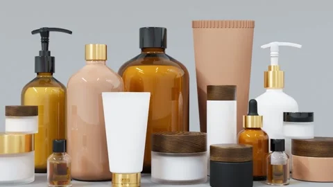 Group of different beige and brown glass and plastic cosmetic bottles and jars Stockbeeldmateriaal 236144307