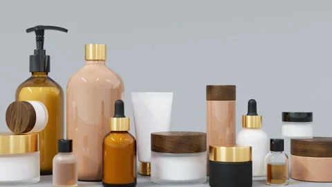 Group of different beige and brown glass and plastic cosmetic bottles and jars Stock Footage 236144374
