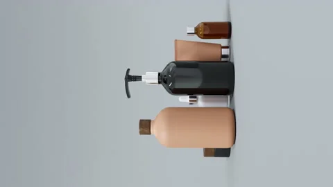 Group of different beige and brown glass and plastic cosmetic bottles and jars Stockbeeldmateriaal 237123949