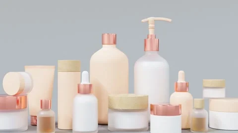 Group of different beige and white glass and plastic cosmetic bottles and jars Stock Footage 236144501