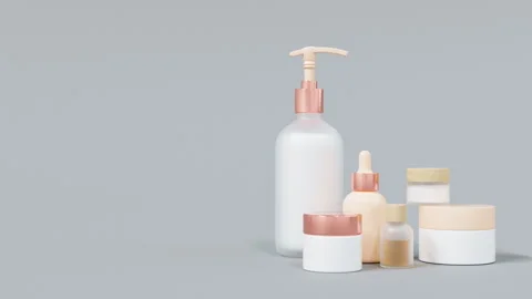 Group of different beige and white glass and plastic cosmetic bottles and jars Stock Footage 237123991