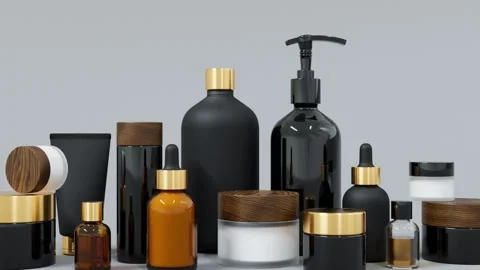 Group of different black and gold glass and plastic cosmetic bottles and jars 3D Stock Footage 236144441