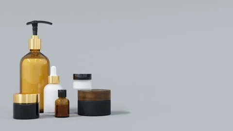 Group of different black and gold glass and plastic cosmetic bottles and jars 3D Stock Footage 237124116