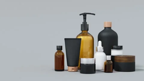 Group of different black and gold glass and plastic cosmetic bottles and jars 3D Stock Footage 237124236