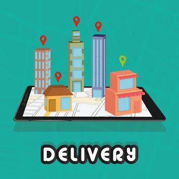 Group of different buildings connected on a delivery app Delivery concept Vector Ilustración de archivo