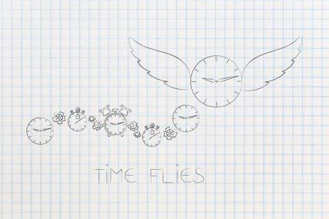 Group of different clocks and one bigger one taking flight Illustrazione stock