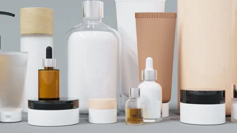 Group of different cosmetic bottles and jars 3D render Stock Footage 232390926
