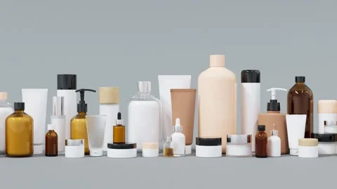 Group of different cosmetic bottles and jars 3D render Stockbeeldmateriaal 232391046